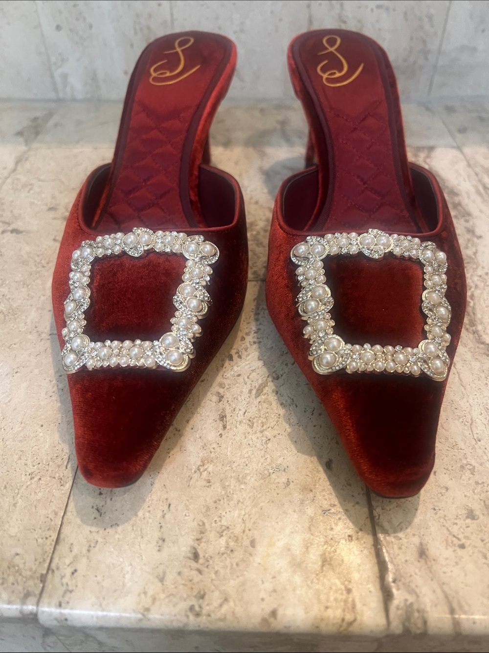 Sam Edelman Red Velvet Rhinestone Kitten Heel Mules - Picture 5 of 8